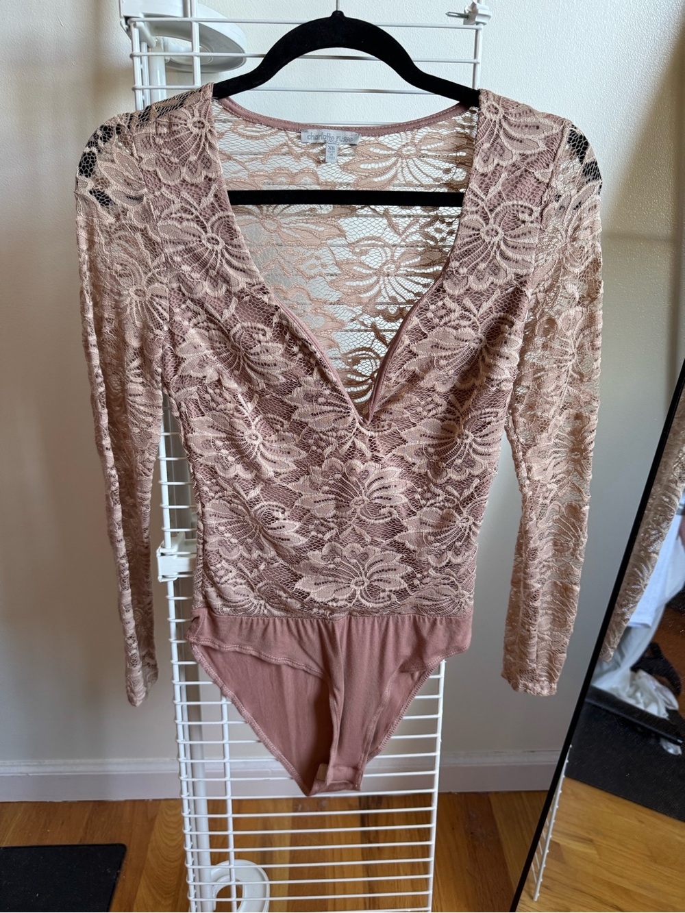 Charlotte Russe Blush Lace V-Neck Long Sleeve Bodysuit